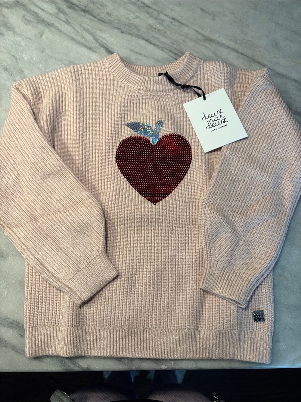 deux par deux Pink Ribbed Sweater with Red Sequin Heart and Iridescent Leaf